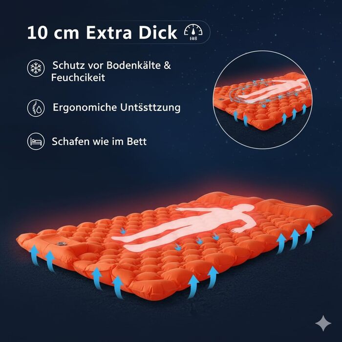 Килимок для сну для 2 осіб, надувний матрац для кемпінгу товщиною 10 см з вбудованим ножним насосом та подушкою, надлегкий килимок для сну 195x130 см, надувний матрац для намету, походів, пляжу та подорожей