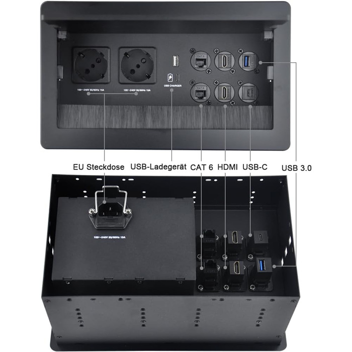 Вбудована настінна розетка для конференц-залу, столу, мультимедійна розетка, срібляста - 2 шт. Schuko - 2 шт. CAT6 - 2 шт. HDMI - USB 3.0 - стерео - USB-C для передачі даних (чорна)
