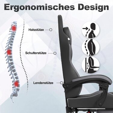 Ігрове крісло з масажем, підставкою для ніг та підголівником, ергономічне ігрове крісло з масажною поперековою подушкою, регульована спинка 90-135, м&39які підлокітники для геймерів - сірий, чорний та білий