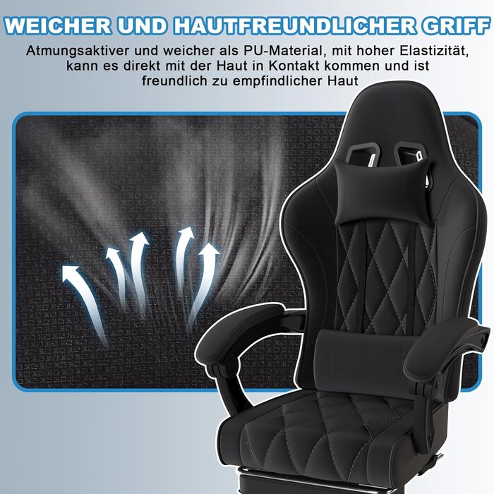 Ігрове крісло JUMMICO, тканинне з пружинною амортизацією, ергономічне офісне крісло з масажером. Ігрове крісло з підголівником, підставкою для ніг, регульована висота. Геймерське крісло, вантажопідйомність 150 кг, чорний колір