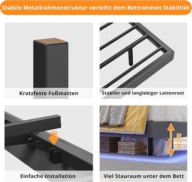 Ліжко IRONCK 140x200 зі світлодіодним освітленням та зарядною станцією, каркас ліжка 140x200 см з м&39якою оббивкою, плаваючий каркас ліжка, каркас ліжка 140x200 см, дитяче ліжко, металеве ліжко з рейковою основою, двоспальне ліжко, сірий колір