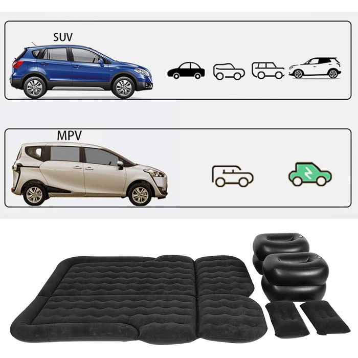 Надувний матрац Ejoyous Car SUV, портативний товстий надувний матрац з повітряним насосом та двома подушками для подорожей, кемпінгу та активного відпочинку на свіжому повітрі 174 x 126 см (чорний)