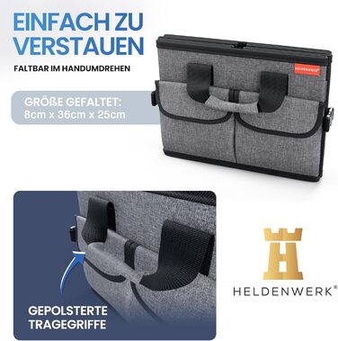 Органайзер для багажника преміум-класу HELDENWERK з кришкою міцний та нековзкий. Складаний органайзер для автомобіля великого розміру з подвійним дном. Чорно-сіра коробка для багажника з чорною облямівкою.