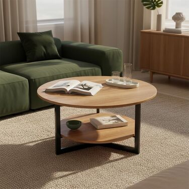 Круглий журнальний столик Skølm Drakkar Ø70 см стіл для вітальні з масиву дуба та металевого каркасу диванний столик з 2 полицями невеликий промаслений бічний столик дерев&39яний стіл для вітальні з місцем для зберігання журнальний столик