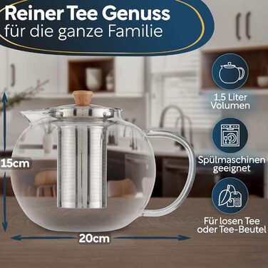 Чайник скляний з ситечком 1,5 літри, потовщене скло для кращої термоізоляції, підходить для використання зі свічковим підігрівачем, термочайник, міцний чайник для заварювання (1500 мл)