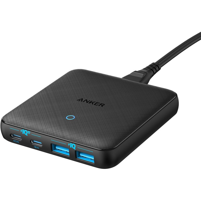 Зарядний пристрій Anker USB-C, 543 (65 Вт II) PIQ 3.0 & GaN 4-портовий блок живлення, тонкий дизайн, два порти USB-C (45 Вт макс.)