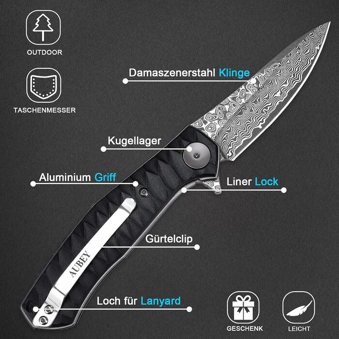 Кишеньковий ніж з дамаської сталі AUBEY з кліпсою, гострий дамаський ніж складний з лезом з дамаської сталі, фліпером, алюмінієвою