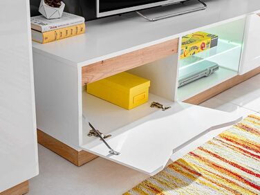 Настінна шафа для вітальні Generic Fame, настінна полиця для вітальні, стіна для телевізора, матова глянцева вітрина, низька тумба, настінна полиця зі світлодіодним підсвічуванням (білий/дуб Artisan) Білий / дуб Artisan