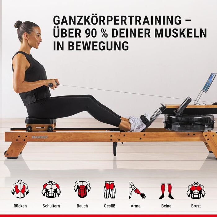 Водний гребний тренажер HAMMER AquaFold - складний гребний тренажер для домашнього використання, виготовлений з натурального дерева з колесами, гребний тренажер з Bluetooth, тренувальний комп&39ютер