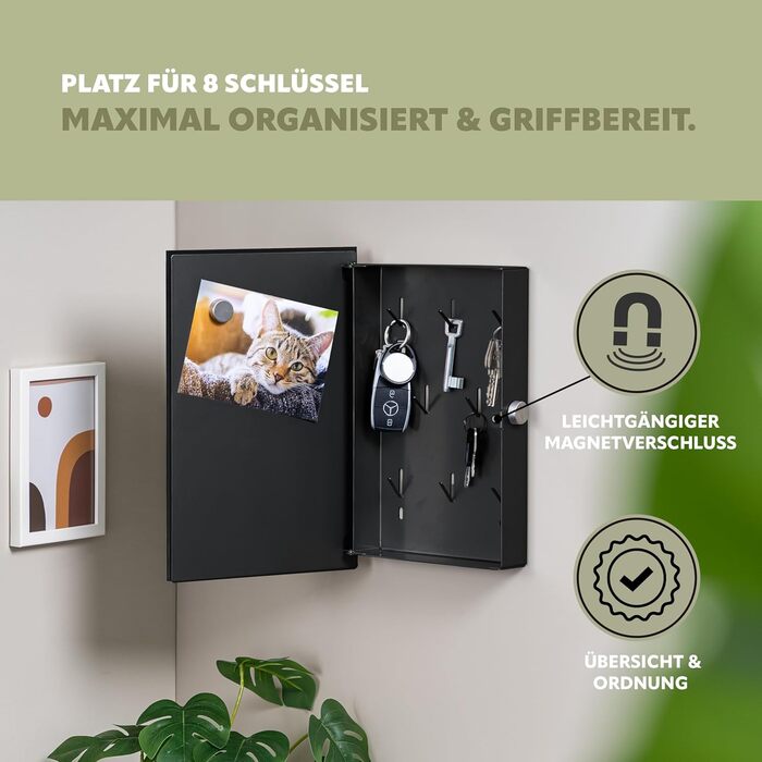 Скринька для ключів Bremermann зі скляною передньою частиною, з можливістю запису, 8 гачків, 6 магнітів, 1 маркер, 1 тримач для маркера, металевий корпус із сірим порошковим покриттям (повністю чорний)