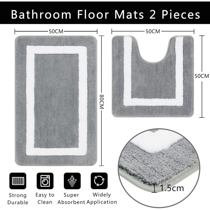 Комплект килимків для ванної кімнати Famibay, 2 шт., нековзний килимок для ванни та туалету, килимок для ванни з мікрофібри, що миється, водопоглинаючий, для ванної кімнати, ванни та туалету