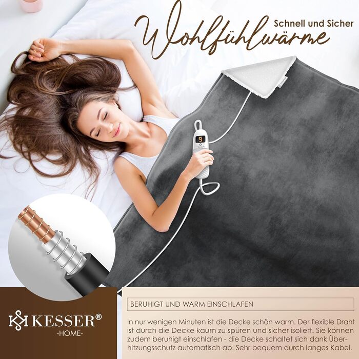 Електрична ковдра з підігрівом KESSER з автоматичним вимкненням 200x180 см, двостороння Затишна ковдра для ліжка, дивана 9 температурних режимів Можна прати до 40C з таймером та цифровим дисплеєм Антрацит
