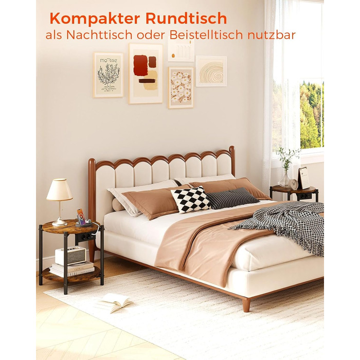 Круглий тумбовий набір з 2 шт. , бічний столик з розеткою, порт USB-C, маленький столик з дерева та металу, журнальний столик для дивана, стіл для вітальні, 2 полиці для спальні (вінтажний коричневий, 2 шт.)