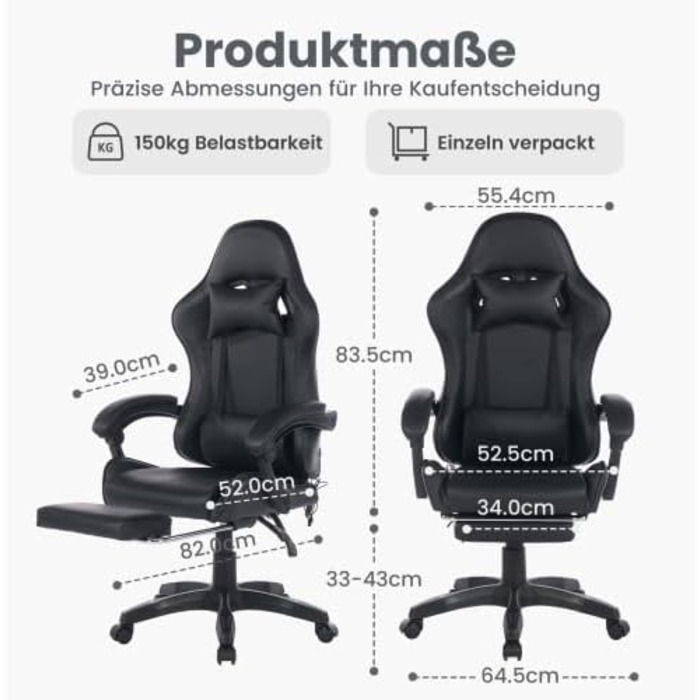 Професійне ігрове крісло ергономічне офісне крісло з регульованою опорою для голови та попереку підставкою для ніг, регулюванням висоти та поворотом на 360, вантажопідйомністю до 150 кг, чорного кольору