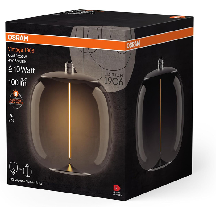 Декоративна LED-лампа Osram Vintage 1906 Big Oval, задимлене скло, ультратонкий магнітний філамент, цоколь E27, 4 Вт, затишне тепле біле світло (1800K), енергоощадна