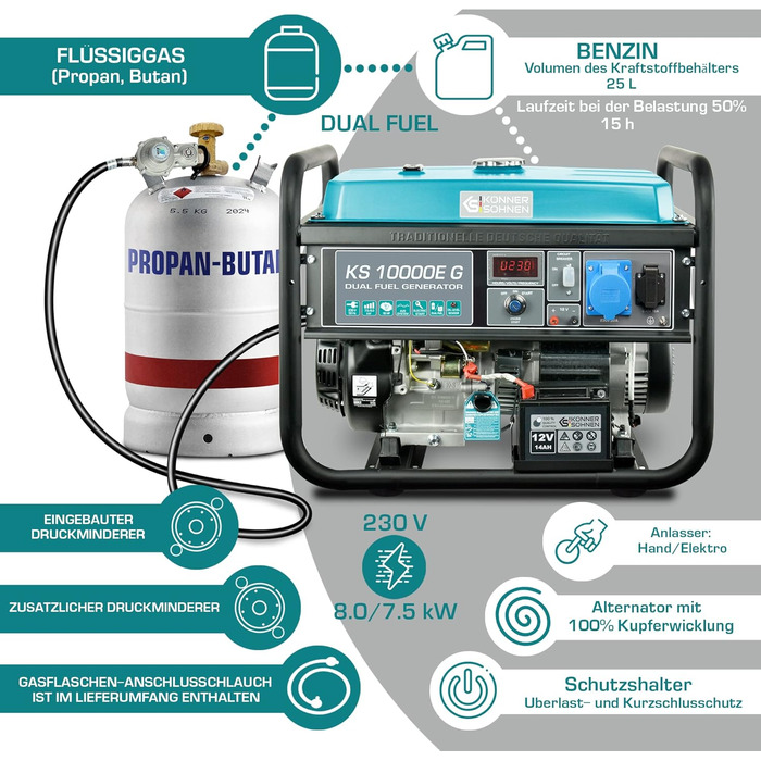 Гібридний бензиновий LPG 4-тактний генератор, аварійний генератор 7500 Вт, генератор 1х16А 1х32А з автоматичним регулятором напруг