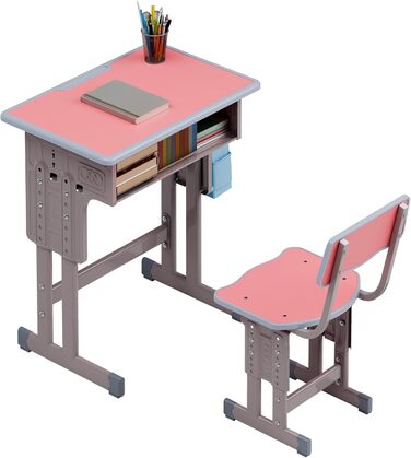 Дитячий комплект столу та стільця, регульований по висоті, для школи та університету, комплект столу та стільця з шухлядою для зберігання речей, ергономічний комплект стільців для роботи з гачком для рюкзака, підходить для дітей від