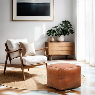 Вінтажний табурет Marrakech з подушкою для сидіння, включаючи наповнювач, виготовлений з натуральної шкіри Пуф-табурет Fjord кольору коньячного коричневого, заввишки 45 см Крісло-мішок для ніг як декор скандинавської спальні та вітальні