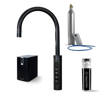 Чайник для виробництва газованої води HappyFilter FizzRed охолоджений шипучий кип'ятіння Сенсорний чорний змішувач 3в1 Фільтр від накипу Диспенсер для води Офіс Кухня Стаціонарне підключення до водопроводу Адаптер CO2 425 г 3 в 1 чорний 425 г CO2