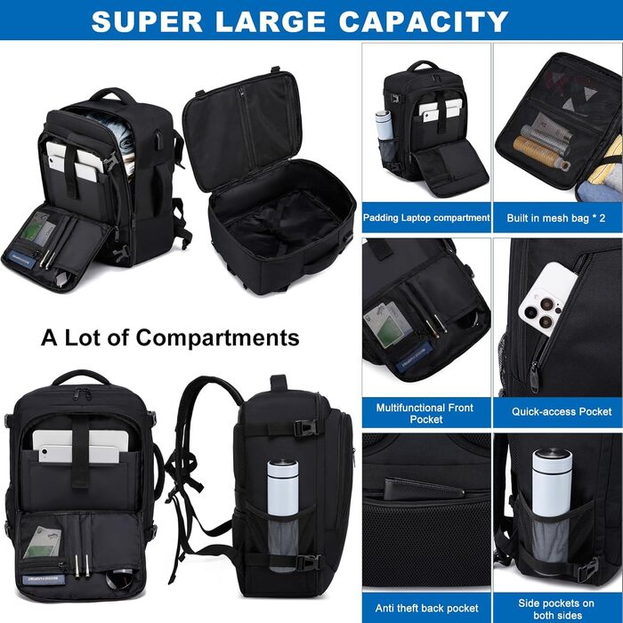 Рюкзак для ручної поклажі Ryanair 40x30x20, 40x30x25, для Eurowings, малий 24-літровий дорожній рюкзак для літака, сумка для ручної поклажі з портом зарядки USB, дорожня сумка для чоловіків і жінок, чорний, чорний 40 x 30 x 20 см - 24 л