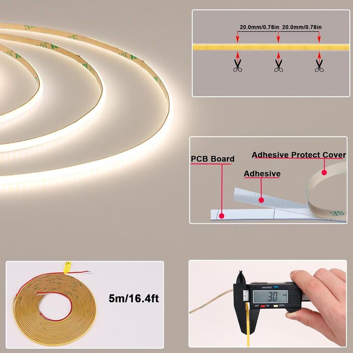 Світлодіодна стрічка TOPAI 12V COB 5M тепла біла, вузька світлодіодна стрічка 3000K Самоклеюча 384 світлодіоди/м CRI90, неводонепроникний гнучкий ріжучий стіл для прикраси домашньої кухні DIY (натуральний білий, шириною 3 мм)