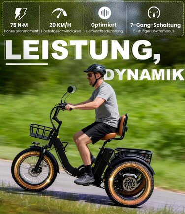 Електричний триколісний велосипед KAKIGO для дорослих, товсті шини 20x4, складаний алюмінієвий електровелосипед, двигун 250 Вт, 65 Нм, акумулятор 48 В 15,6 Аг, 25 км/год, передній та задній кошики, диференціал, запас ходу 90 км, червоний, з тримачем для т