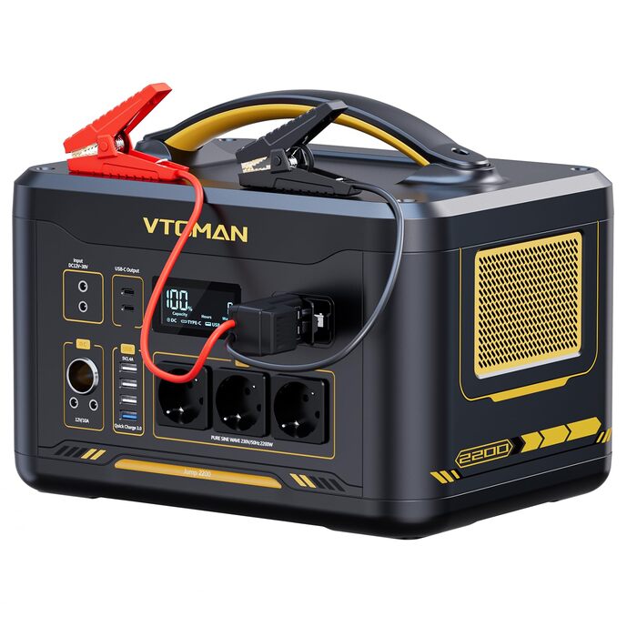 Портативна електростанція VTOMAN Jump 2200 з пусковими кабелями - акумулятор LiFePO4 ємністю 1548 Втгод/2200 Вт (пікова потужність 4400 Вт) з можливістю розширення до 3096 Втгод для евакуації транспортних засобів у надзвичайних ситуаціях DE - Jump 2200 пу