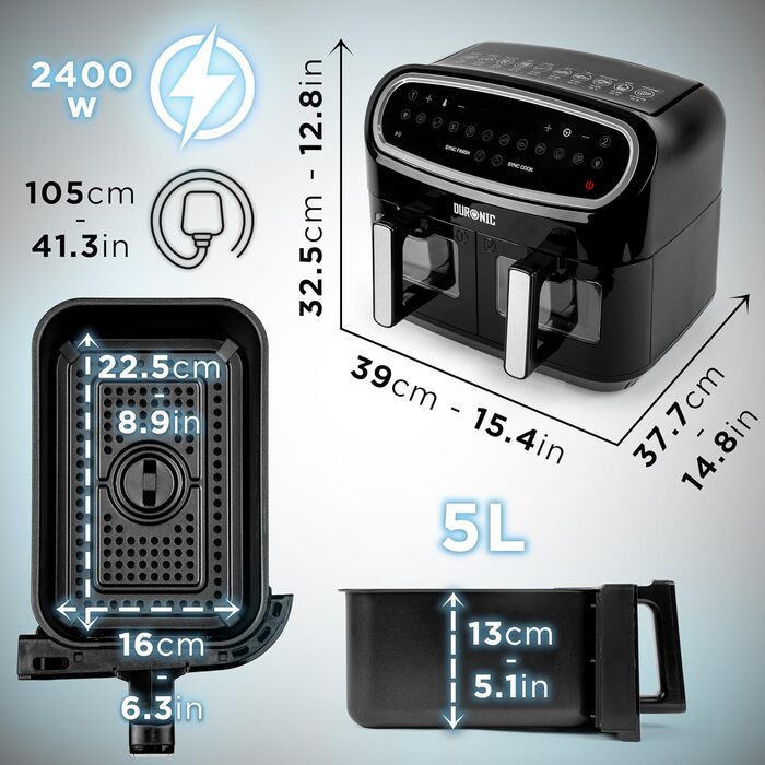 Фритюрниця Duronic AF24 Подвійна фритюрниця об'ємом 9 літрів Готування або закінчення в один і той же час 10 попередньо встановлених програм Сенсорне керування Смаження без олії 2400 Вт