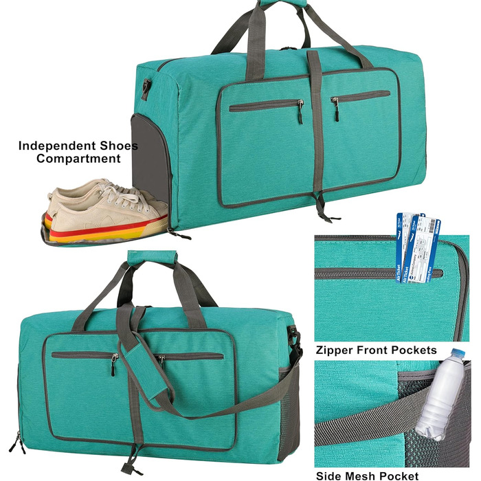 Спортивна сумка-валіза 60л, складана, водонепроникна, з відділенням для взуття, для подорожей, спорту, тренувань, відпочинку (колір зелений конопляний)