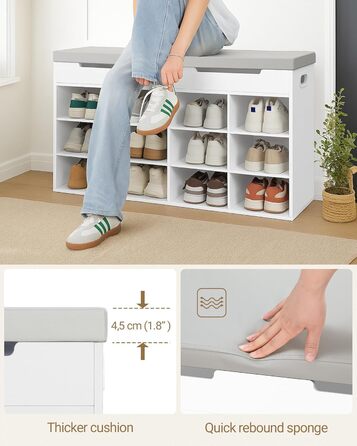 Лавка для взуття Hzuaneri, полиця для взуття із сидінням, лавка для зберігання, 12 відділень, знімні полиці, підходить для вітальні, коридору, входу, 30 x 100 x 55 см, білий SB53503GY