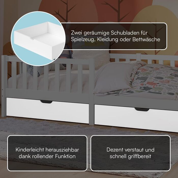 Дитяче ліжко Bellabino Vere 90x200 см Ліжко Монтессорі із захистом від падіння, рейковою основою та 2 шухлядами Дитяче ліжко з масиву сосни для хлопчиків та дівчаток Ліжко для малюків білого кольору з місцем для зберігання, біле 90x200 см з шухлядами, мат