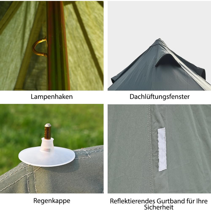 Намет-дзвін з отвором для печі, намет для глемпінгу з бавовни, простора юрта для сімей, кемпінговий намет, сімейний намет, намет-тіпі, намет-вігвам, пірамідальний намет для груп, кемпінг на свіжому повітрі, зелений, 5 м / 6-8 осіб