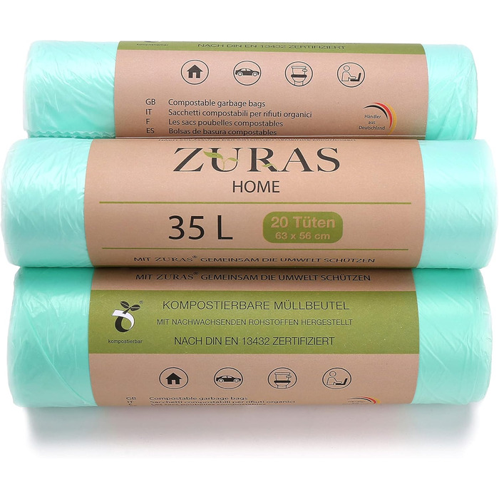 Компостовані пакети для сміття об&39ємом 35 літрів, 100 шт. Компостовані, біорозкладні пакети для сміття, виготовлені з рослинних матеріалів, сертифіковані та перевірені за стандартом DIN EN 13432, стійкі до розривів та водонепроникні.