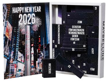 Різдвяний календар Maybelline New York на 2025 рік із 31 дверима на весь грудень, 26 повнорозмірними продуктами та 5 подарунками, включаючи 2 туші Sky High Mascara 4 продукти Garnier Skincare.