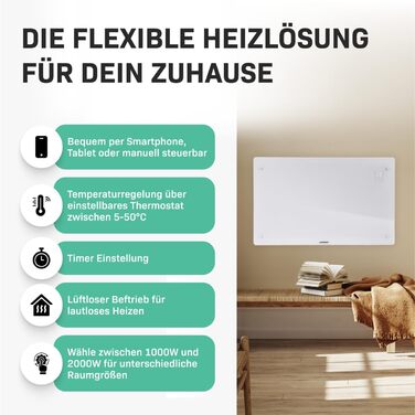 Енергозберігаючий електричний обігрівач VONROC 2000 Вт - Конвекторний обігрівач для приміщень площею до 24 кв. м - Портативний електричний обігрівач Керування за допомогою додатку/сенсорне керування - Радіатор 2-в-1 для настінного/підлогового монтажу - Бі