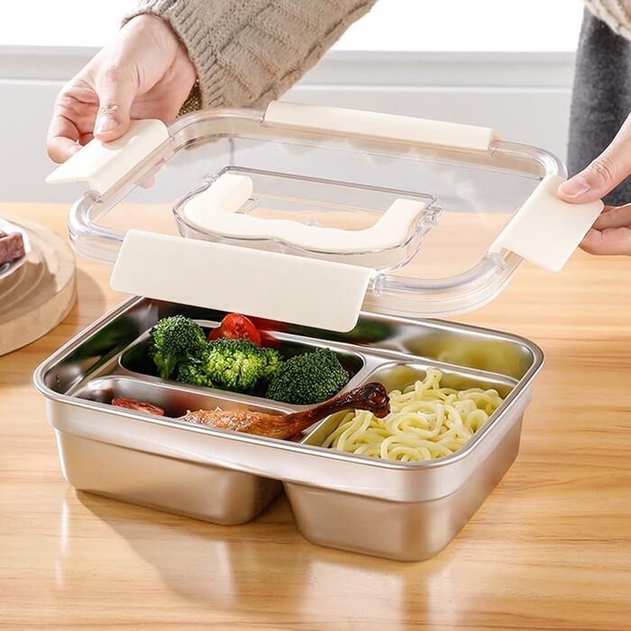 Ланчбокс з нержавіючої сталі, 1800 мл, з ручкою, герметичний, 3 відділення, придатний для використання в мікрохвильовій печі, контейнер для їжі для роботи, школи або пікніків (чорний)