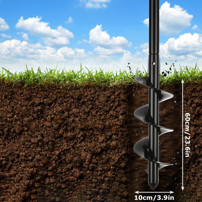 Ручний бур для землі, 10 x 60 см, набір садових бурів, чорний бур, сталевий бур для акумуляторної дрелідини, для саду, посадки та глибокого розпушування ґрунту