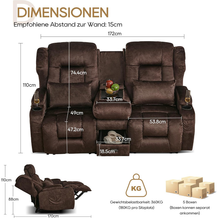 Місний розкладний крісло-реклайнер з функцією відкидання спинки та підставкою для ніг, двомісне крісло для телевізора з консоллю, подвійне кінокрісло з ручним регулюванням вагою до 360 кг (розкладна центральна консоль, коричнева оксамитова тканина) Коричн