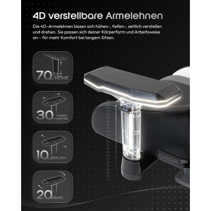 Ігрове крісло Dowinx з 4D підлокітниками та функцією гойдання 15, регульоване масажне ігрове крісло на 165, ергономічне ігрове крісло, гоночний дизайн для геймерів та кіберспорту, вантажопідйомність 135 кг, сірий колір