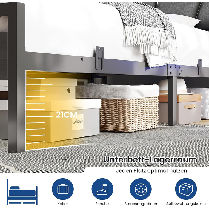 Ліжко 90x200 см з металевою рейковою основою, каркас ліжка 90x200 см зі світлодіодним підсвічуванням, дитяче ліжко 90x200 см з узголів&39ям та зарядною станцією (2 розетки змінного струму, 2 порти USB), металеве односпальне ліжко, чорне, 90x200 см