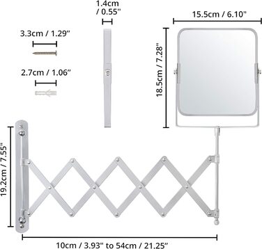 Хромоване косметичне дзеркало Belle Vous з настінним кріпленням Висувне 360 -3-кратне збільшення -15,5x18,5 см Двостороннє телескопічне дзеркало для макіяжу Дзеркало для макіяжу ванної кімнати з нержавіючої сталі для макіяжу та гоління