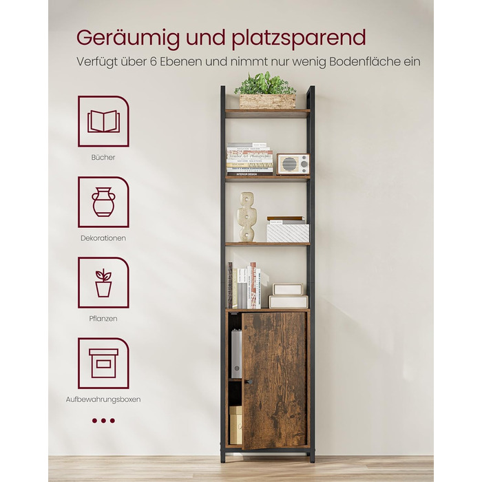 Книжкова полиця VASAGLE, 6 ярусів, полиця, окремостояча полиця з дверцятами, металевий каркас, регульовані полиці, 24 x 40 x 159,5 см, для вітальні, спальні, вінтажний коричневий-чорний LLS132K01 40B см Вінтажний коричневий чорнильний