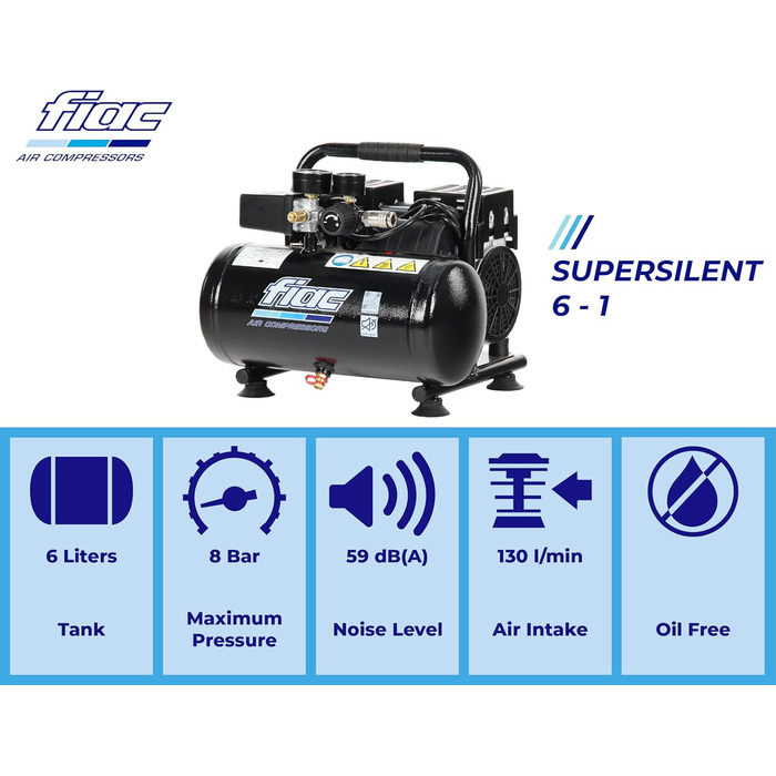 Переносний повітряний компресор FIAC SUPERSILENT 6, безмасляний, максимальний тиск 8 бар, 1 к.с., 6-літровий бак, рівень шуму 58 д