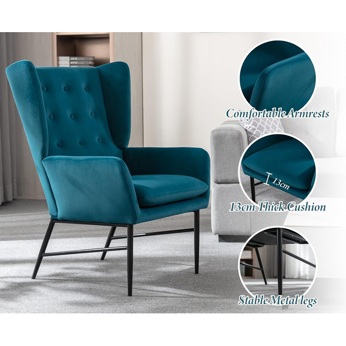 Одномісний диван-шезлонг, оксамитове м&39яке крісло з підлокітниками, м&39яке крісло для ванної кімнати, бічне крісло для балкону та вітальні (бірюзово-зелений) 67,5*73*98 см