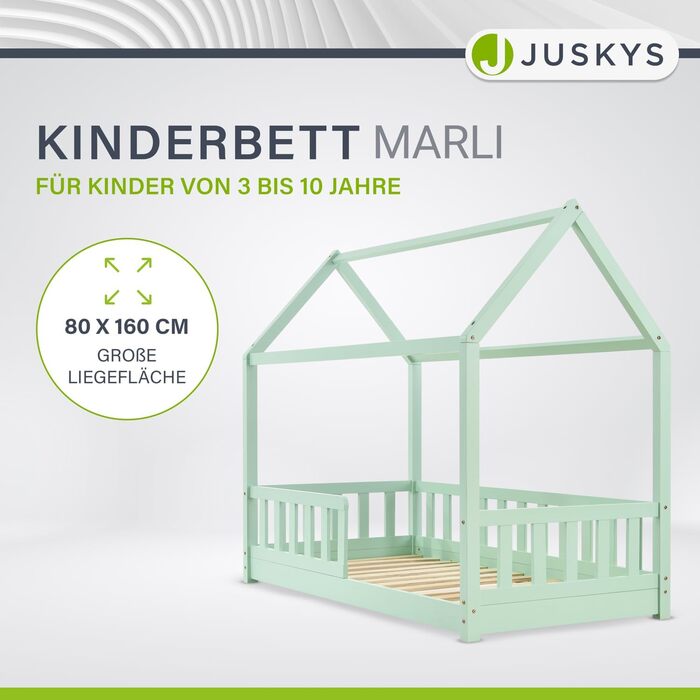 Дитяче ліжко Juskys Marli 80 x 160 см із захистом від випадіння, рейковим каркасом і дахом - дитяче ліжко для дому з масиву дерева