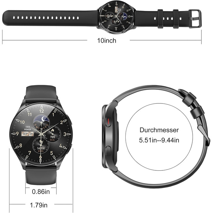 Розумний годинник IOWODO для жінок та чоловіків 2026 року (круглий 1,43-дюймовий AMOLED) Bluetooth-дзвінки батарея 380 мАг (7 днів) 2 браслети Водонепроникність IP68 100 спортивних режимів Цілодобовий моніторинг серцевого ритму SpO2 аналіз сну iOS/Android