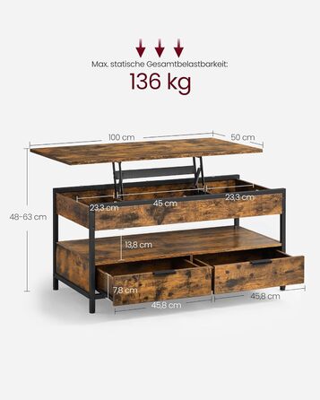 Журнальний столик VASAGLE, стіл для вітальні з регульованою висотою, журнальний столик, з шухлядами, відкритий відсік, 50 x 100 см, вінтажний коричневий-чорний LCT209K01 50 см x 100 см Вінтажний коричневий чорнильний