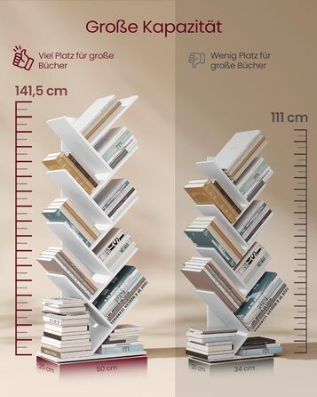 Книжкова полиця VASAGLE у формі дерева, 9-ярусна окремостояча полиця, компактна кутова полиця, полиця для зберігання речей у спальні, вітальні, домашньому офісі, хмарно-білий колір LBC11WTV1 9 ярусів (25 Г x 50 Ш x 141,5 В см) хмарно-білий колір