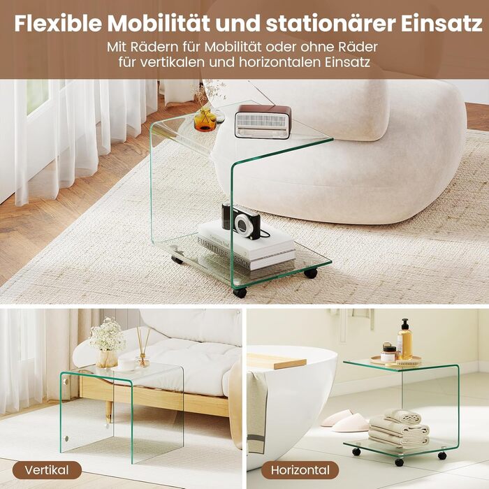 Журнальний столик COSTWAY із загартованого скла з колесами, С-подібний скляний стіл, тумбочка, столик для дивана, журнальний столик для вітальні, спальні, 45 x 40 x 48 см (прозорий) маленький (з колесами) прозорий 1