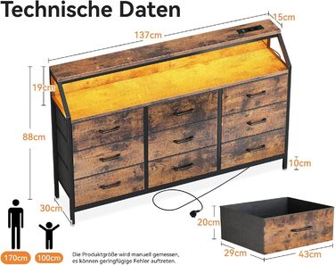 Комод ODK, комод з 2 розетками, 2 USB-портами та світлодіодною стрічкою, що змінює колір, з 9 тканинними шухлядами, підходить для спальні, вітальні, вінтажний колір